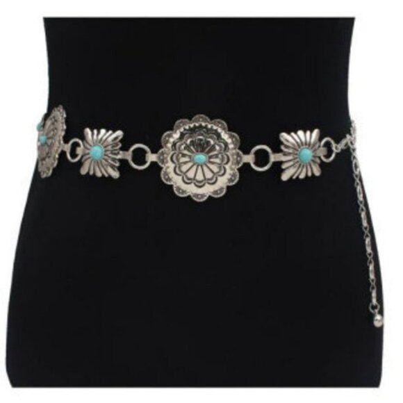 Women Western Circle and Square Chain Belt Concho Chain Adjustable Turquoise - Picture 2 of 2
